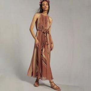 Anthropologie Nikita Mhaisalkar Abstract Halter Maxi Dress Orange Tan Gold - XL